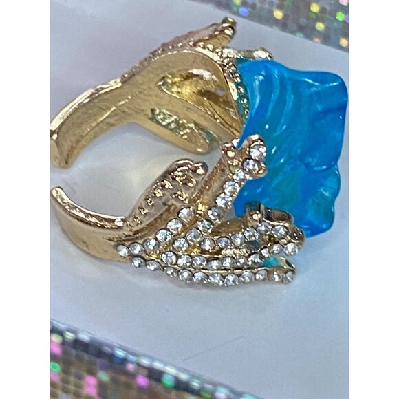 OCEAN’S OATH Blue Wave Ocean Necklace Ring Sz 8 Beautiful Rhinestone Gold Plated - Picture 4 of 10